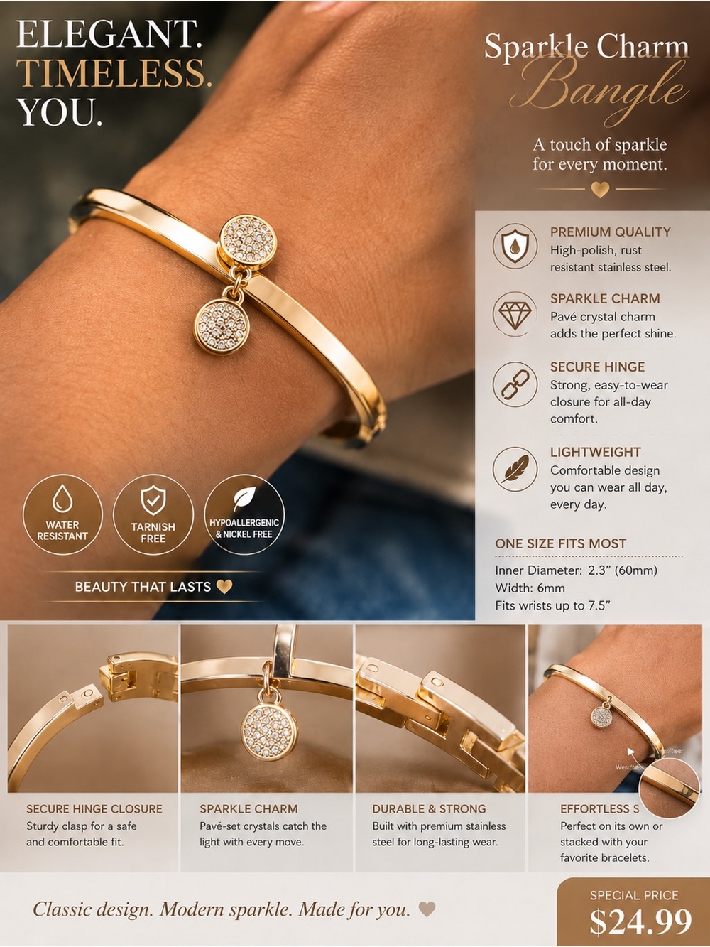 Gold Sparkle Charm Bangle Bracelet-wear/tear